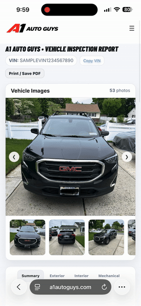A1 Auto Guys digital pre-purchase vehicle inspection report preview on a phone